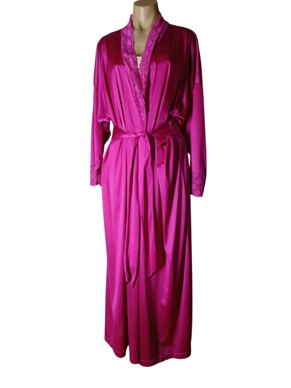 Vintage Vanity Fair Pink Satin Lace Trim Robe M Long Sleeve Belted Made In USA